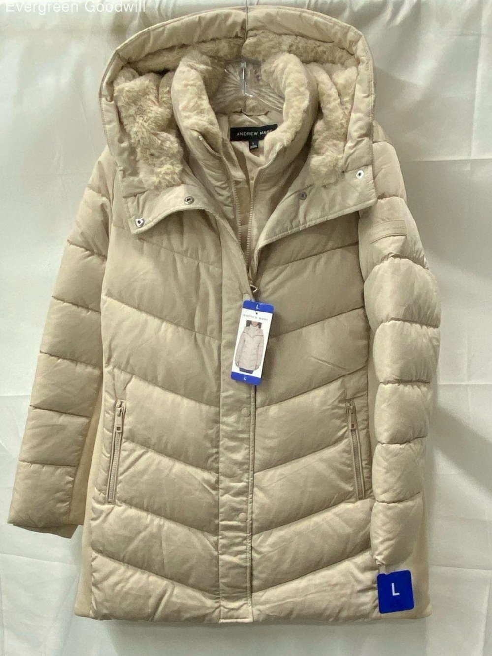 Andrew Marc Light Beige Quilted Hooded Puffer Coat with Faux Fur Trim